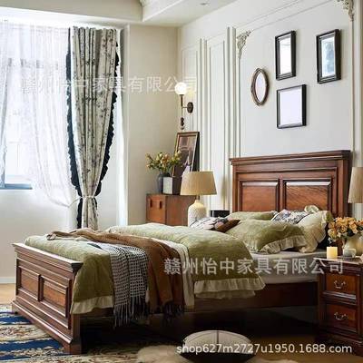 木美式红橡实木双人床婚床床简约乡平村PDS复古头床主卧床复古实