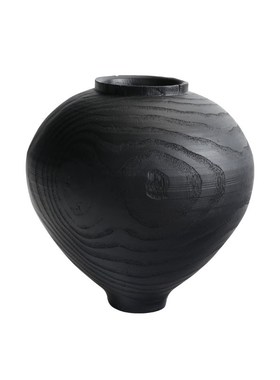 侘寂复古圆肚花瓶木质插花器摆件客厅餐桌装饰摆件轻奢高级黑色