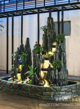 大型假造喷泉鱼池流水摆别墅山庭院落地招财80946办公件室风水景