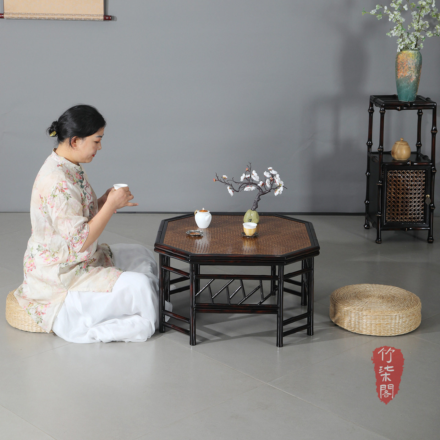 中式大漆筇竹榻榻米茶桌