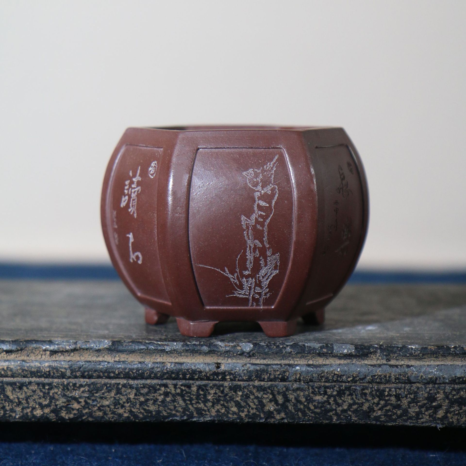 紫砂花盆微型手工盆景盆精品盆栽桌面小盆六方形六角形供灯窗面
