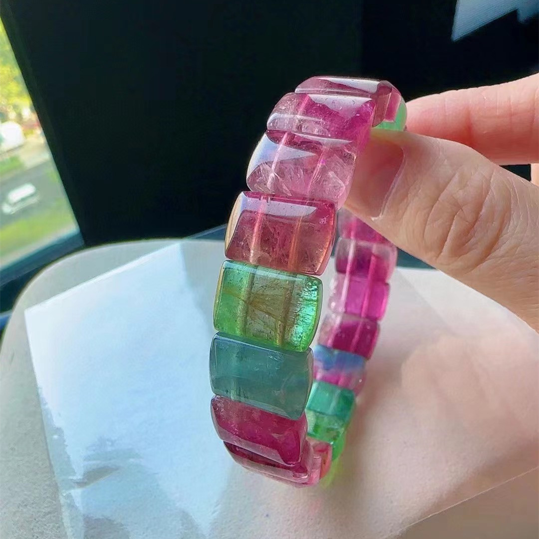 天然方粒西瓜碧玺手牌金丝雀 桃红宝石红帕拉伊巴蓝紫碧碧玺手牌