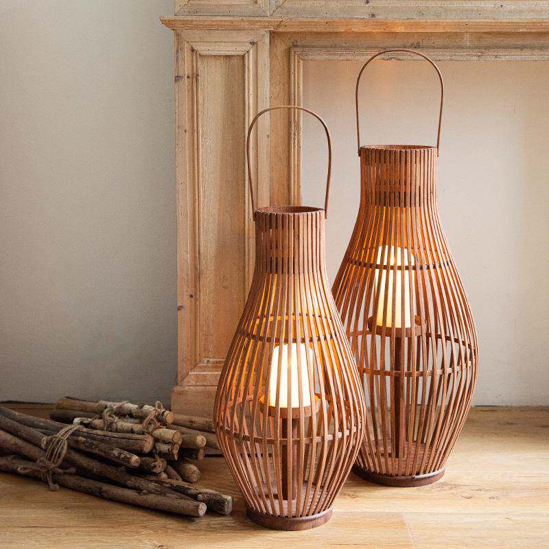 JK间慕空复古落地烛台天F87HH5M9然竹编装灯笼板间花样园大厅饰摆