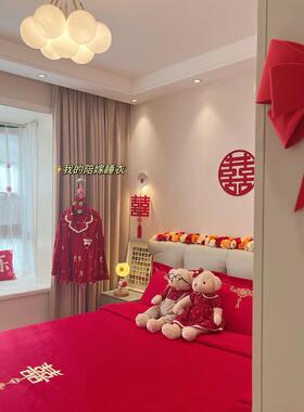 16支长绒棉结婚0四件棉陪嫁被套套红色床单FS758479婚庆床品J新ω