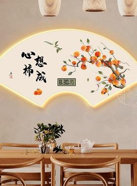 挂e新中式扇形装饰画d带灯钟表画万年历l时间XWC餐厅画玄关走廊壁