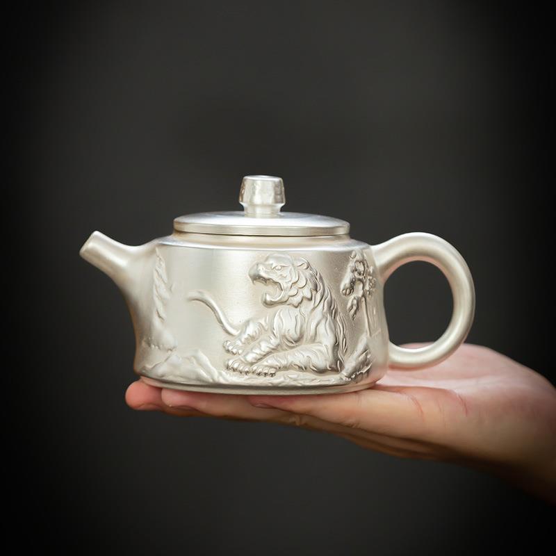 真银包银质300CC大号茶壶紫砂鎏银镶银纯手工茶壶虎啸泡茶器