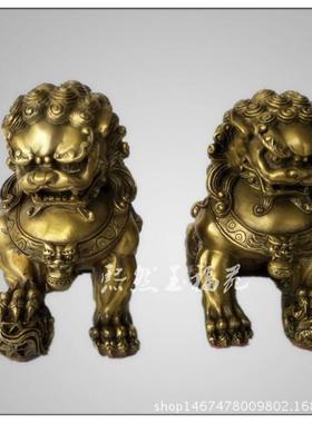纯铜精工宫门狮摆件北京狮一对铜狮子风水铜器家居工艺品