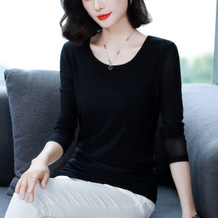 新款 大码 T恤洋气妈妈春装 女高端胖mm长袖 黑色上衣 双层网纱打底衫