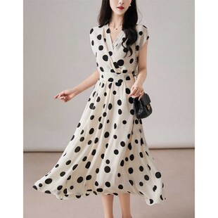 2025新款法式复古垂感气质高级感白色波点连衣裙子女圆点长裙夏季