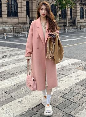 粉色双面羊绒呢大衣女2023秋冬新款韩版宽松中长版赫本风毛呢外套