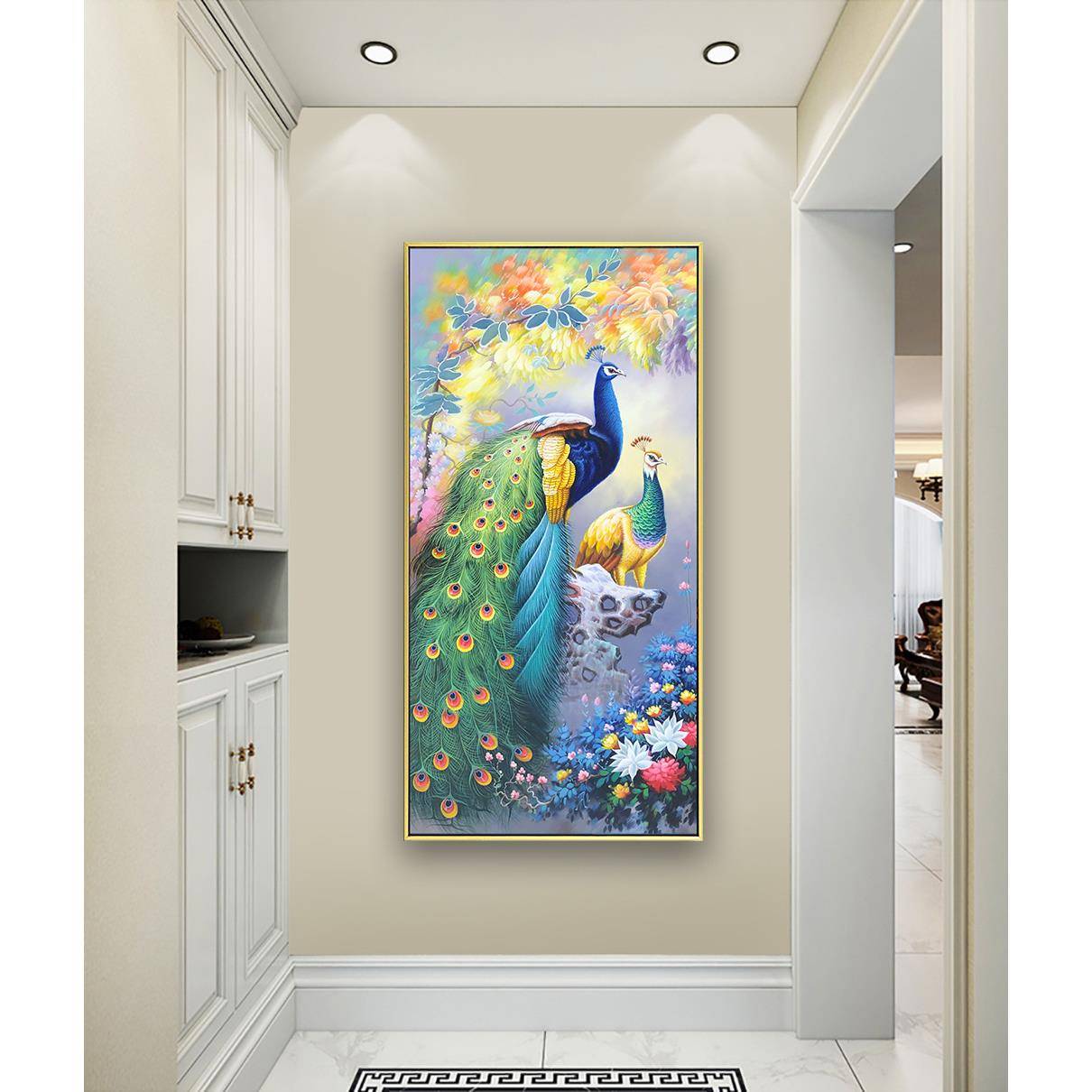 新中式手绘孔雀油画玄关装饰画客厅挂画美式过道竖版高端入户壁画