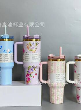 新款冰霸杯40oz离子镀金边5D花色保温杯保冷不锈钢吸管汽车杯