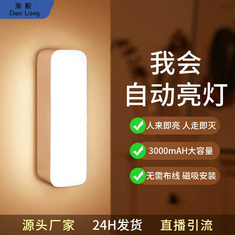 #人体感应小夜灯智能充电卧室床头声控家用无线过道走廊橱柜包邮