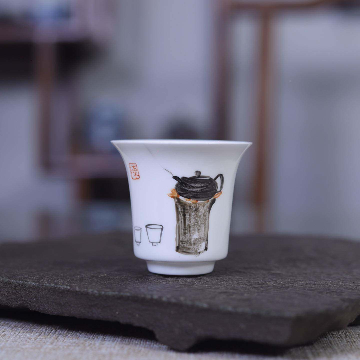 亦紫陶潮汕功夫杯陶瓷茶QG杯手绘碗茗清供品杯胎小茶薄骨瓷小马蹄