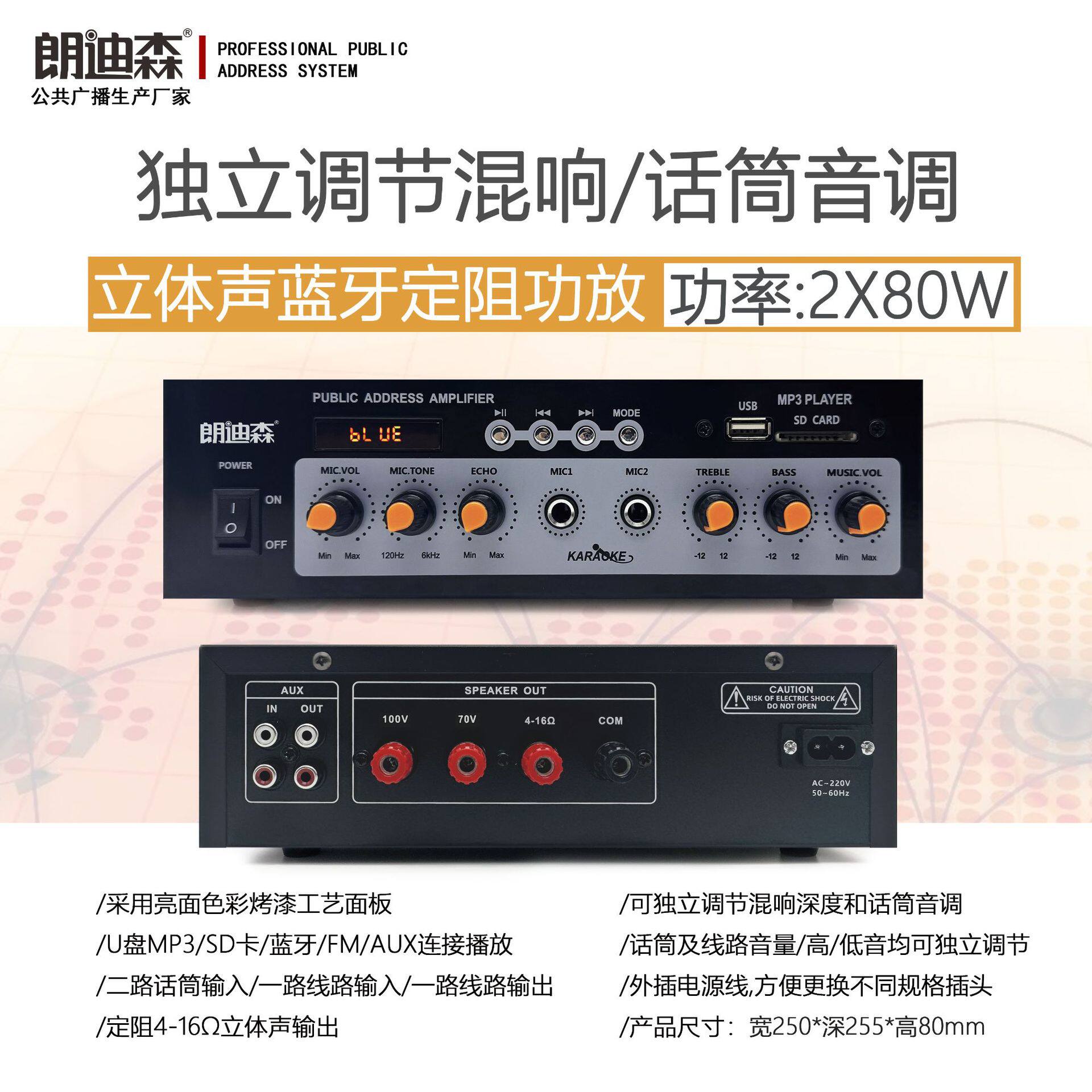 朗迪森定压/定阻带混响话筒音调调节壁挂吸顶喇叭商铺家用