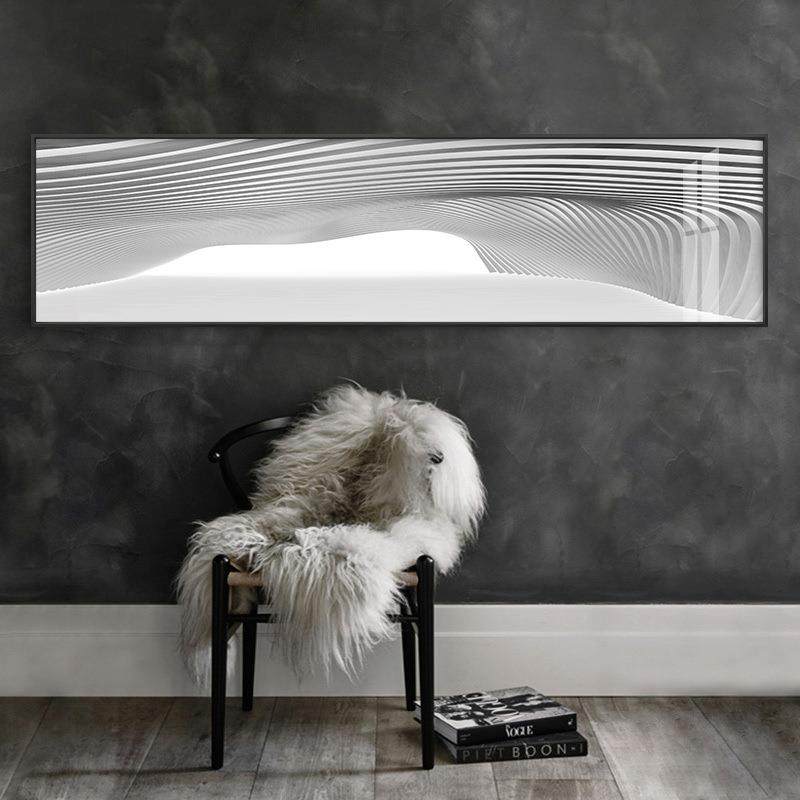 现代黑白波浪条纹抽象装饰画卧室床头挂画北欧客厅画餐厅长条壁画