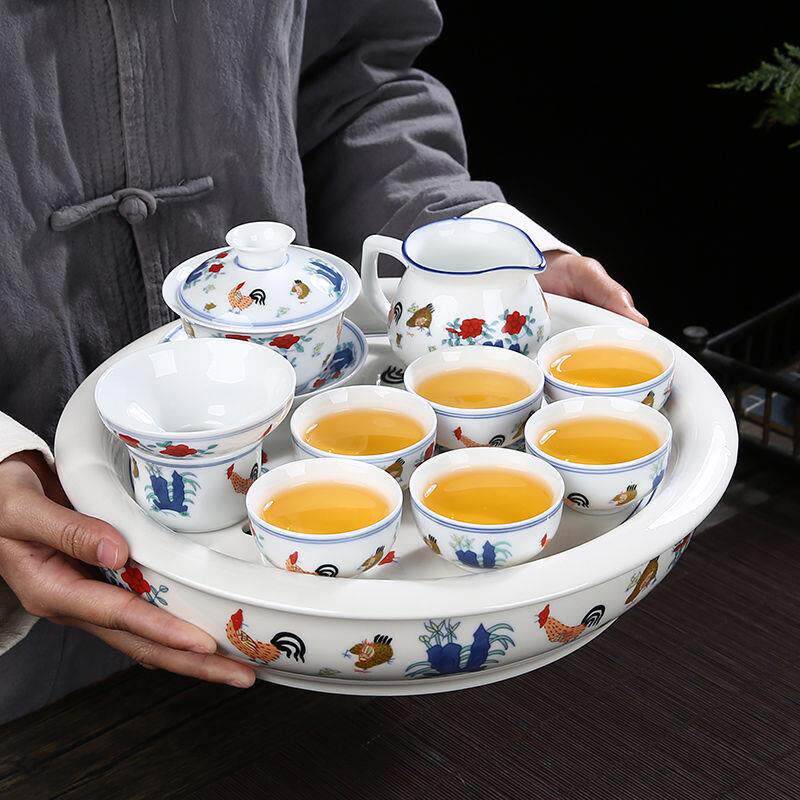 斗彩鸡缸杯陶瓷茶具茶盘整套装家用创意手工茶壶盖碗茶功夫