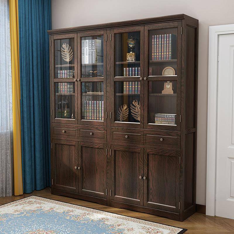 美式实木书柜四门书橱卧室收纳储物柜多层置物柜简约书房家具组合