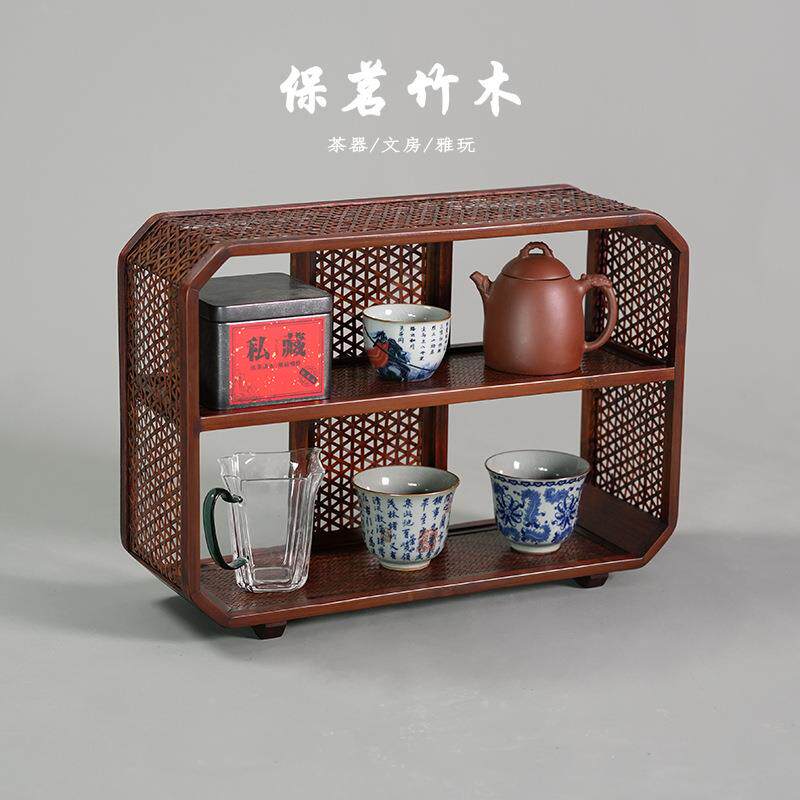 竹编大漆桌面博古架茶具收纳置物架复古多宝阁茶室摆件尾货