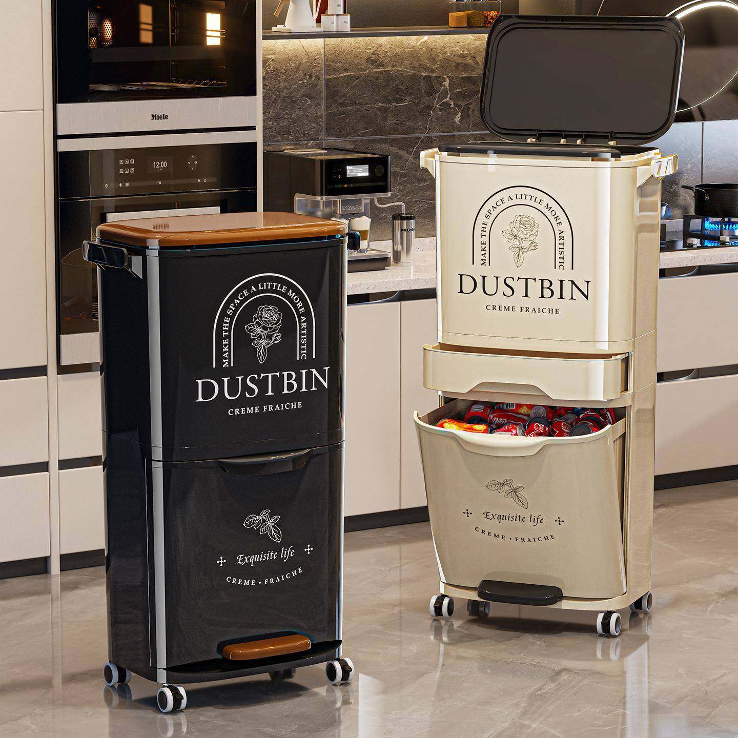 厨房垃圾桶多功能可移动免弯腰干湿分离带盖脚踩按压大容量垃圾筒