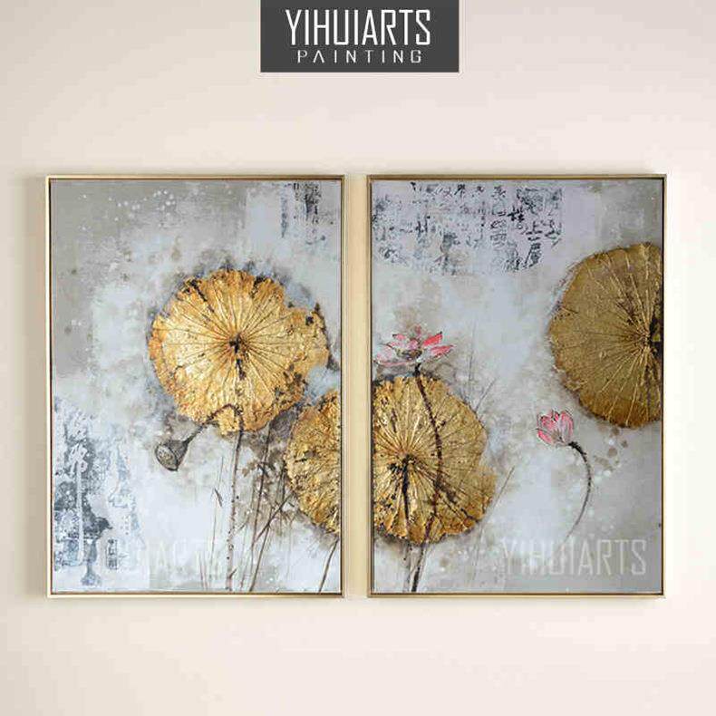 双联现代客厅装饰画有框真荷叶油画创意油画中式花卉挂画书房油画