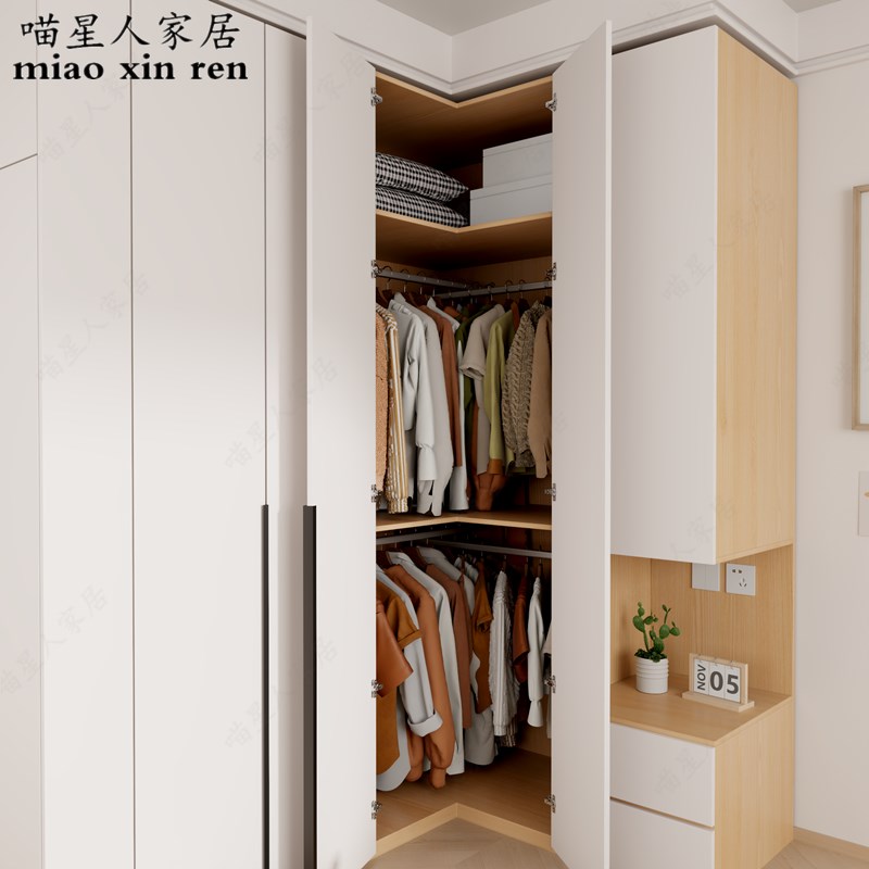 定制90度转角衣柜卧室家用衣橱小户型网红带梳妆T边柜L型现代简约
