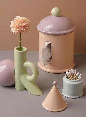 贝汉装美颜值创意多牙巴胺纸TTJ巾盒花瓶线筒陶瓷家高居桌面饰品