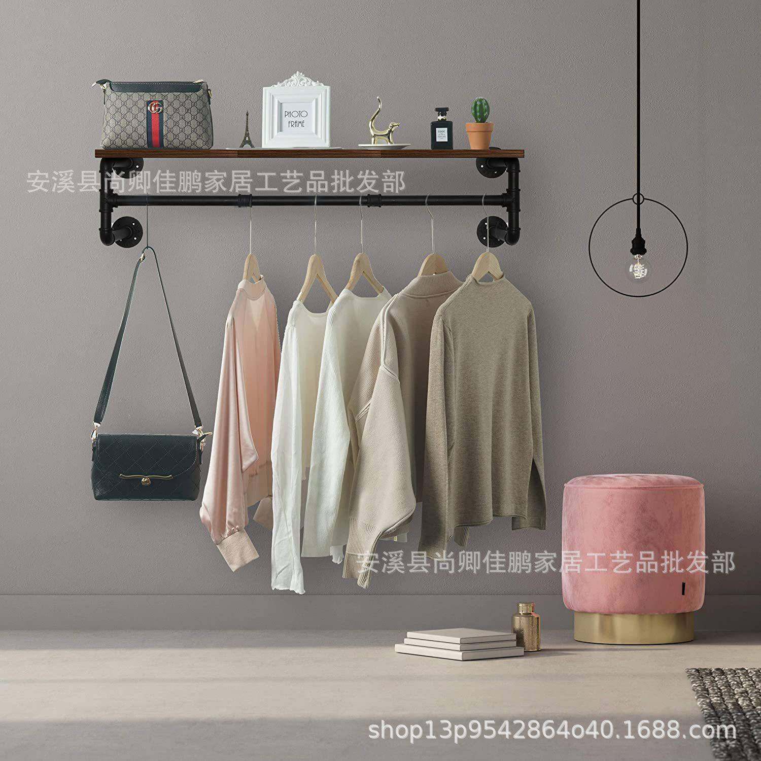 工业管衣架带顶架和3个挂钩重型铁制服装条L壁挂式衣架