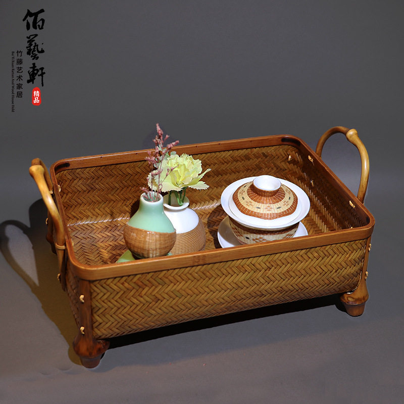 佰艺轩纯手工编织茶具收纳筐提手篮复古竹篮子精品竹篮