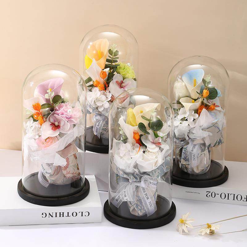 创意玻璃罩香皂花束摆件浪漫永生肥皂花束客厅摆件装饰现货