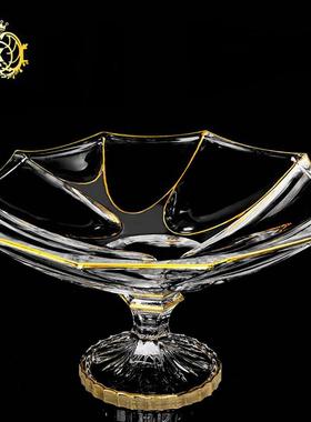 欧式时尚简约描金水晶玻璃果盘现代高脚客厅茶几干果甜品盘摆件