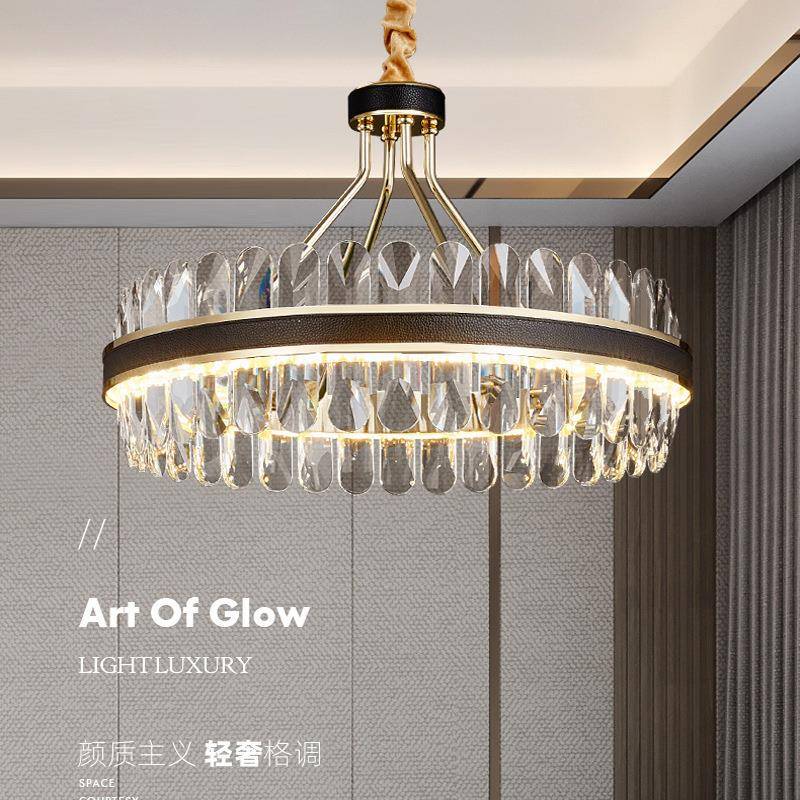 法拉盛（皮革水晶吊灯新款式后现代港简约大高吊气美式档别墅客厅