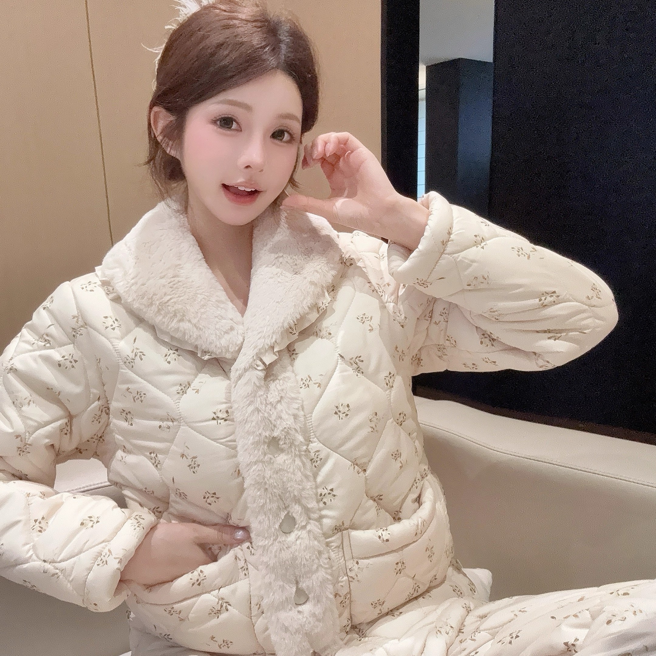 三层夹棉碎花家居服2025款翻领