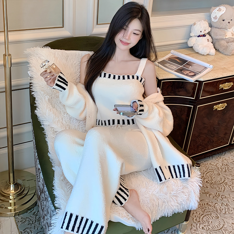 家居服三件套半边绒秋冬睡衣套装