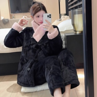 熊拾玖珊瑚绒睡衣女冬季加绒加厚三层夹棉套装新中式高级感家居服