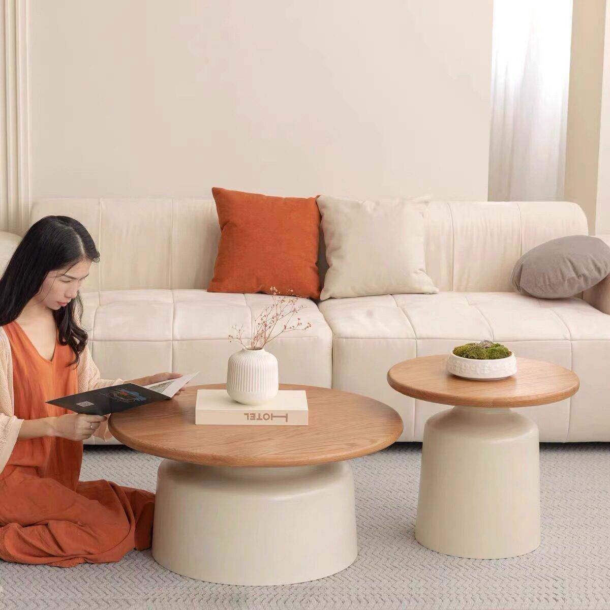 奶油风家用客新款茶几现代简约小户型圆形可移动网红民宿小