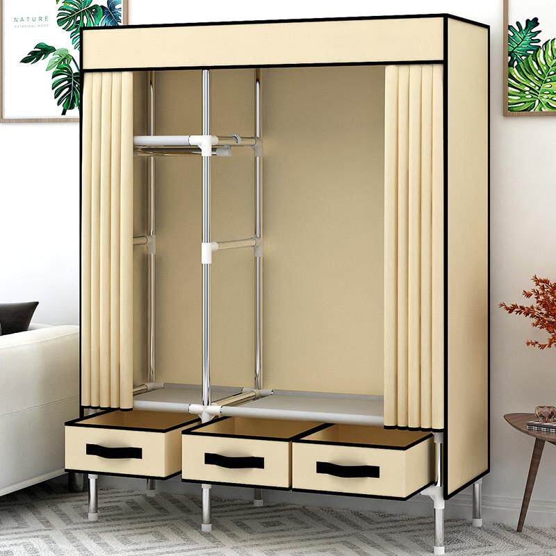 简易全单人钢架小号加厚家用布衣柜卧室小户型带抽屉组装用出租房