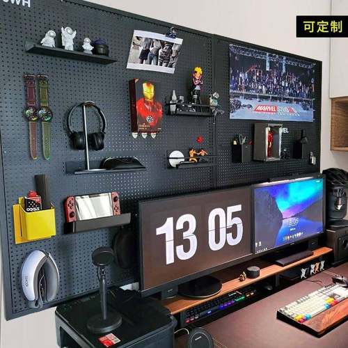5ZV7洞洞板电竞墙上隔板可置物架书房电脑桌装饰书桌收纳架展