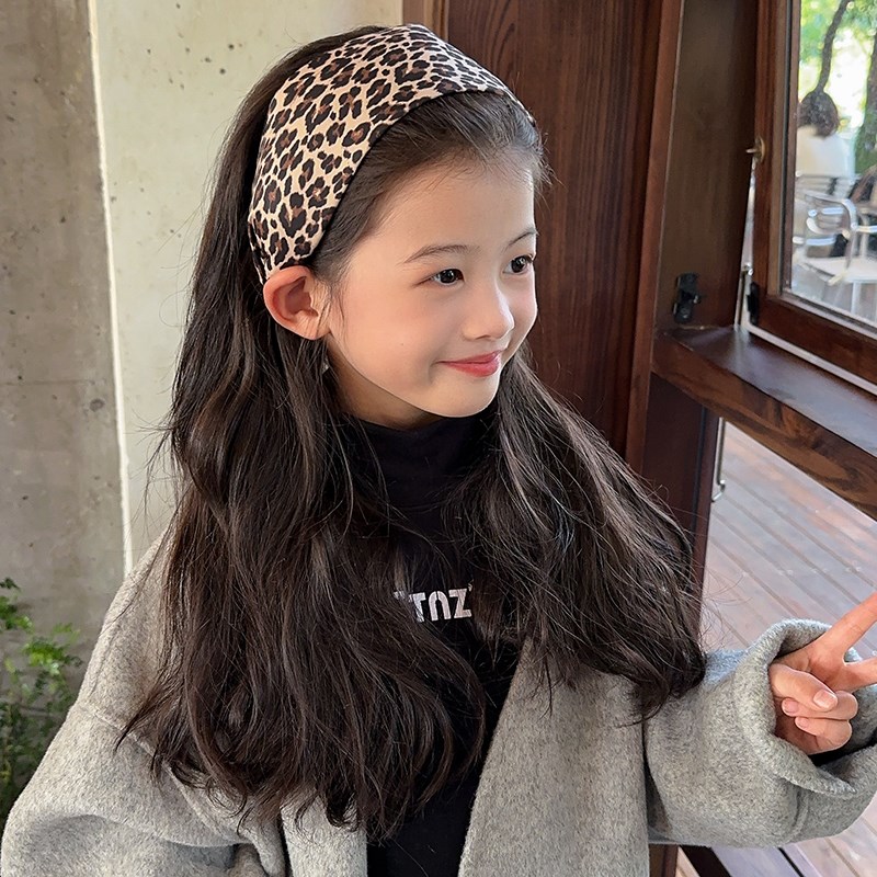 儿童甜酷风气质豹纹发箍女外出压发头箍发卡秋冬季中大童束发头饰