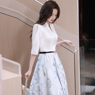 蓝色宴会晚礼服女高级质感轻奢法式高端小众长款主持人年会连衣裙