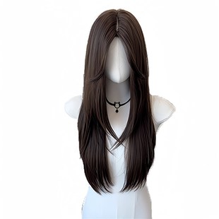 假发女氛围感高层次中分八字刘海锁骨中长发黑长直无痕蓬松全头套