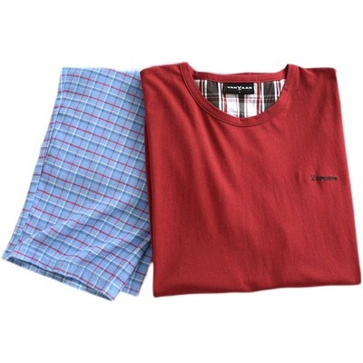 男纯棉睡衣长袖长裤圆领套头家居服针织上衣格子磨毛长裤欧美简约