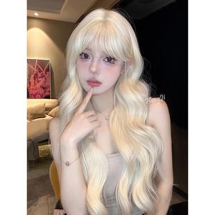 哼唧假发女长发中分齐刘海大波浪长卷发浅金米白仿全真人发全头套