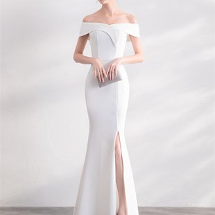 轻奢高级感晚礼服女宴会高贵气质优雅长款一字肩鱼尾主持人连衣裙