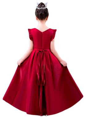 女童儿童小主持人礼服钢琴合唱演出服酒红色小女孩公主蓬蓬裙V领