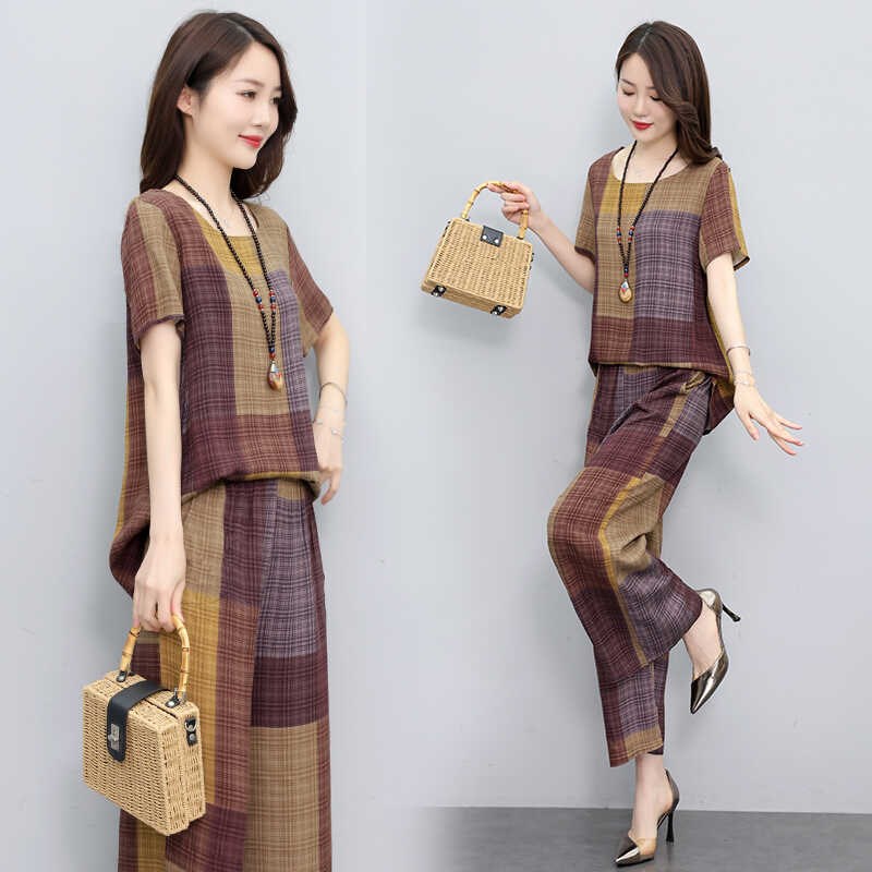 胖妈妈夏季外穿大码宽松妈妈睡衣两件套洋气遮肚短袖t恤棉绸套装