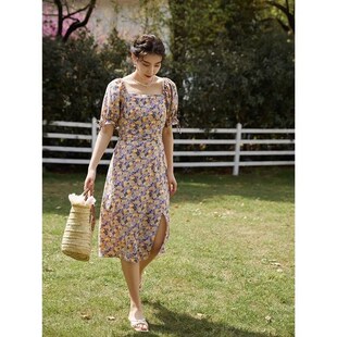 独束大码女装紫色碎花连衣裙女收腰新款夏天胖mm茶歇裙法式