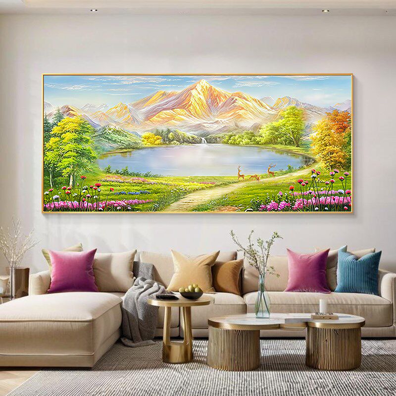 聚宝盆客厅沙发背景墙装饰画2025新款西墙聚财山水挂画轻奢高级感