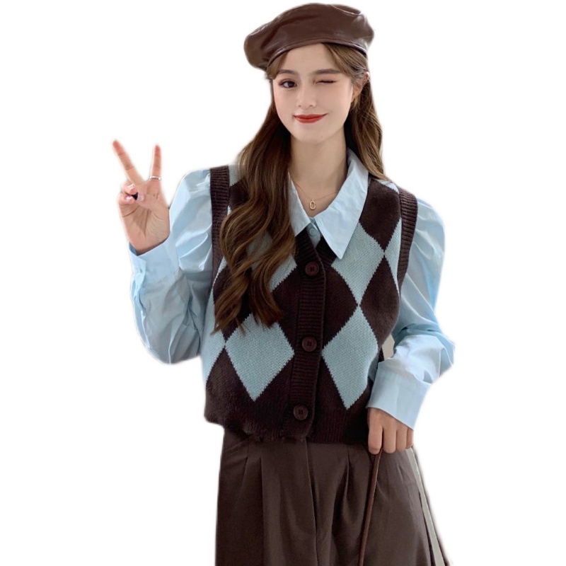衬衫马甲两件套复古菱形格针织背心外套女小个子春秋毛衣外搭叠穿