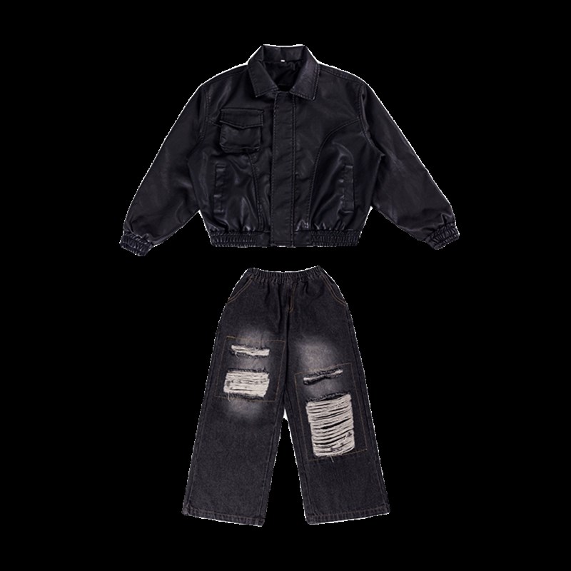 儿童街舞服男童潮酷皮衣嘻哈hiphop架子鼓演出服女童爵士舞走秀服